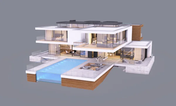 3d rendering van modern huis aan de rivier 's avonds geïsoleerd op — Stockfoto