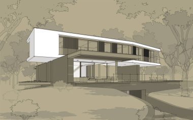 Tepenin üstündeki, üzerinde siyah bilardo çizgisi olan modern evin 3D görüntüsü.