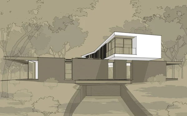 3d rendering of modern house on the hill with pool black line on