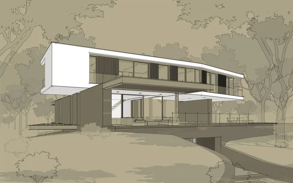 3d rendering of modern house on the hill with pool black line on