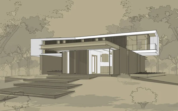 山体上现代房屋的3D渲染，山体上有黑线 — 图库照片
