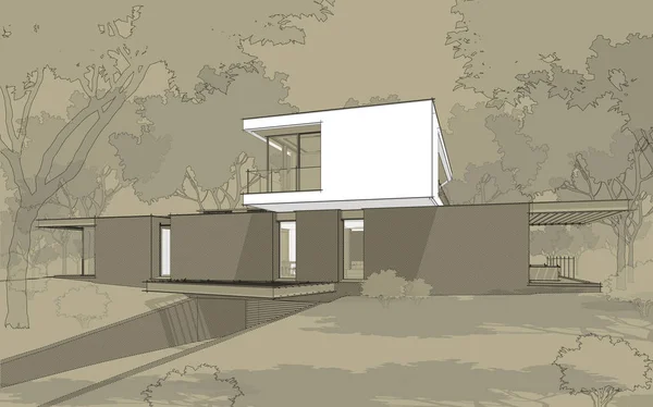 3D-återgivning av modernt hus på kullen med pool svart linje på — Stockfoto