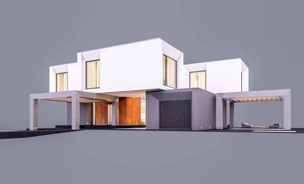 Rendering 3d di casa moderna in giardino la sera isolato o — Foto Stock