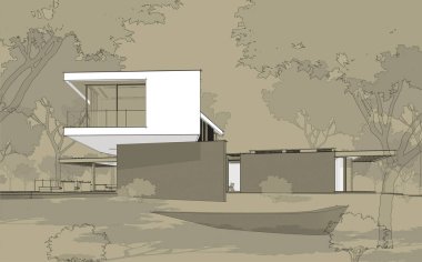 Tepenin üstündeki, üzerinde siyah bilardo çizgisi olan modern evin 3D görüntüsü.