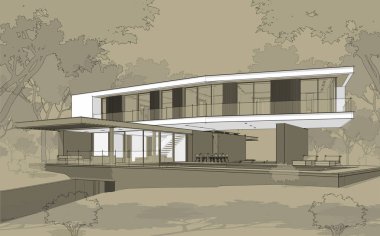 Tepenin üstündeki, üzerinde siyah bilardo çizgisi olan modern evin 3D görüntüsü.