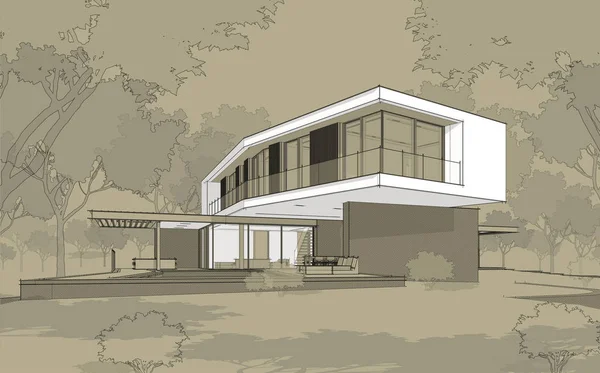 Tepenin üstündeki, üzerinde siyah bilardo çizgisi olan modern evin 3D görüntüsü. — Stok fotoğraf