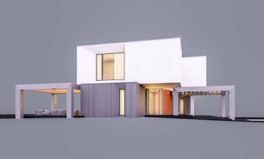 Akşamları bahçedeki modern evin 3 boyutlu görüntüsü...