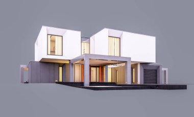 Akşamları bahçedeki modern evin 3 boyutlu görüntüsü...