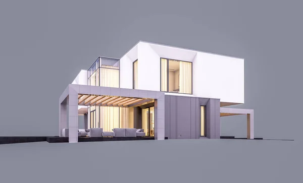 Rendering 3d di casa moderna in giardino la sera isolato o — Foto Stock