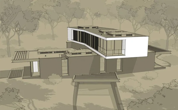3d renderização de casa moderna na colina com piscina linha preta em — Fotografia de Stock