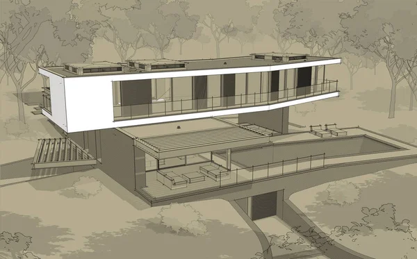 3d rendering della casa moderna sulla collina con piscina linea nera su — Foto Stock