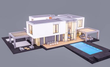 Akşamları bahçedeki modern evin 3 boyutlu görüntüsü...