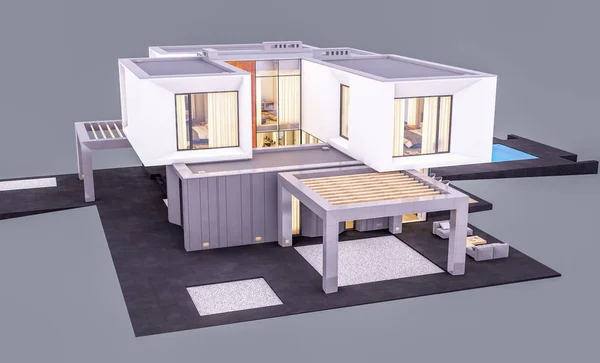 3D рендеринг современного дома в саду вечером изолированы о — стоковое фото