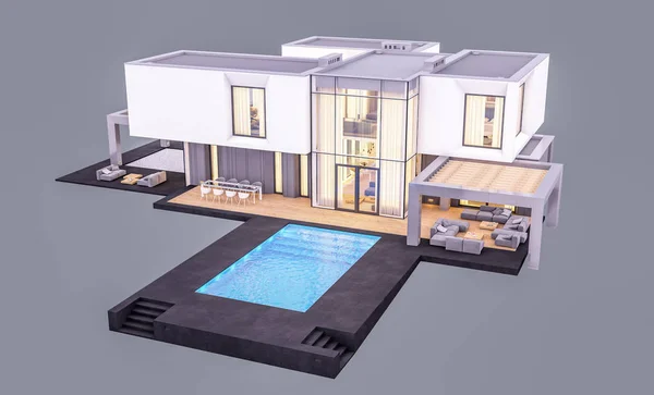 3D-Rendering des modernen Hauses im Garten am Abend isoliert o — Stockfoto