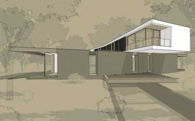 Tepenin üstündeki, üzerinde siyah bilardo çizgisi olan modern evin 3D görüntüsü.