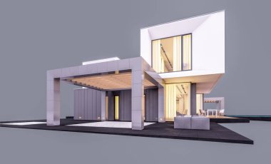 Akşamları bahçedeki modern evin 3 boyutlu görüntüsü...