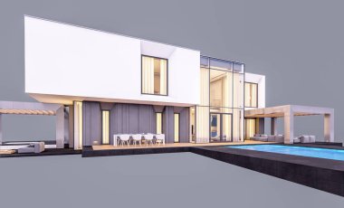 Akşamları bahçedeki modern evin 3 boyutlu görüntüsü...