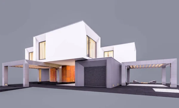 Rendering 3d di casa moderna in giardino la sera isolato o — Foto Stock