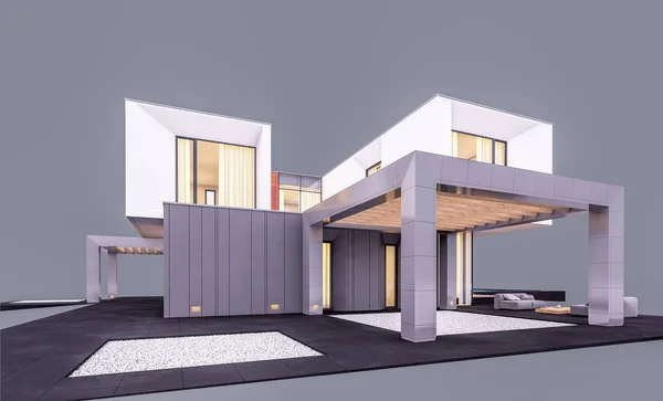 3D рендеринг современного дома в саду вечером изолированы о — стоковое фото