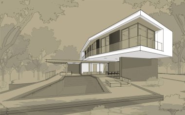 Tepenin üstündeki, üzerinde siyah bilardo çizgisi olan modern evin 3D görüntüsü.
