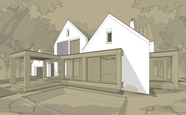 3D-s renderelés modern klinker ház a tavak medencével blac — Stock Fotó