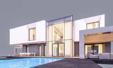 Akşamları bahçedeki modern evin 3 boyutlu görüntüsü...