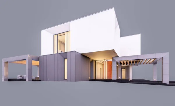 Rendering 3d di casa moderna in giardino la sera isolato o — Foto Stock