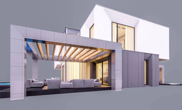 3D-Rendering des modernen Hauses im Garten am Abend isoliert o — Stockfoto