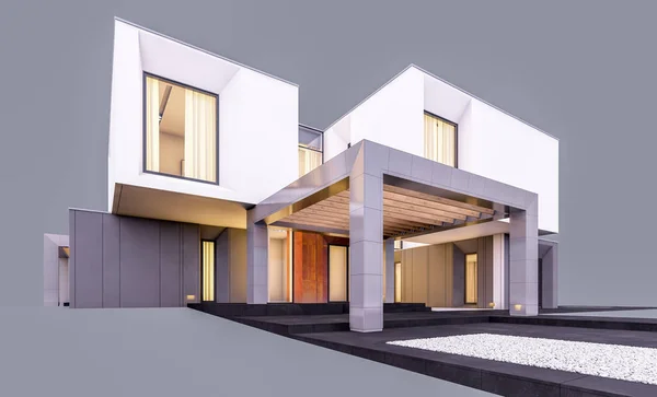 Rendering 3d di casa moderna in giardino la sera isolato o — Foto Stock