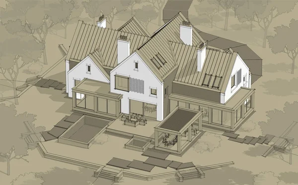 3d renderowania nowoczesnego domu klinkierowego na stawach z basenem blac — Zdjęcie stockowe