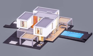 Akşamları bahçedeki modern evin 3 boyutlu görüntüsü...