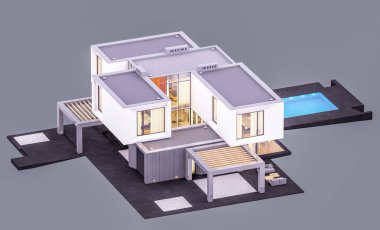 Akşamları bahçedeki modern evin 3 boyutlu görüntüsü...
