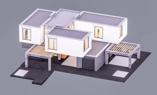3D-s renderelés modern ház a kertben este elszigetelt o — Stock Fotó