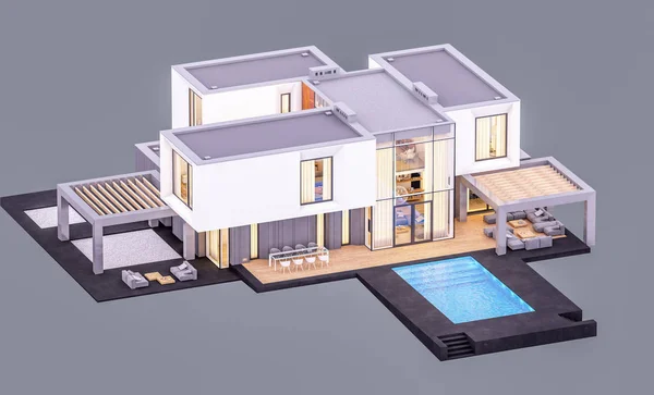 3d rendering of modern house in the garden at evening isolated o — Stock Photo, Image