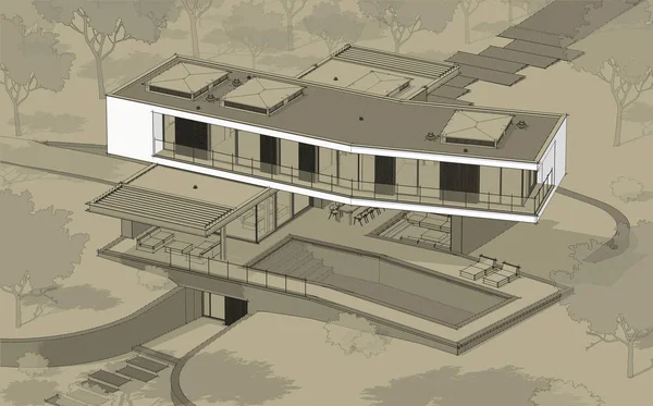 3d representación de la casa moderna en la colina con la línea de la piscina negro en —  Fotos de Stock