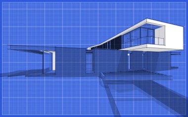Tepenin üstündeki, üzerinde siyah bilardo çizgisi olan modern evin 3D görüntüsü.