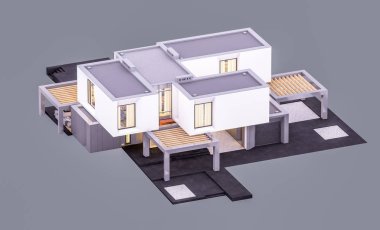 Akşamları bahçedeki modern evin 3 boyutlu görüntüsü...