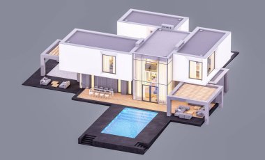 Akşamları bahçedeki modern evin 3 boyutlu görüntüsü...