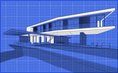 Tepenin üstündeki, üzerinde siyah bilardo çizgisi olan modern evin 3D görüntüsü.