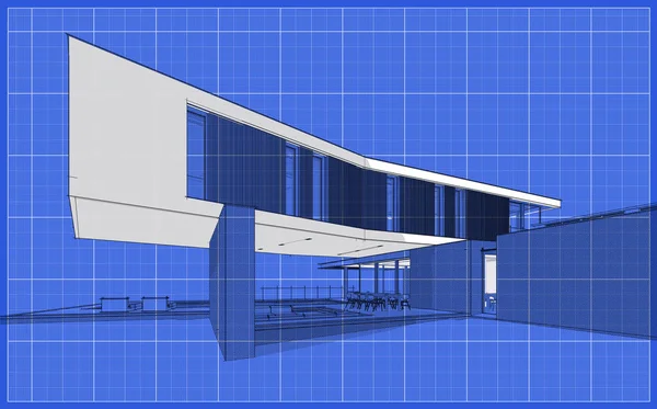 3D рендеринг современного дома на холме с бассейном черная линия на — стоковое фото