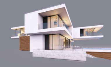 Akşamları modern evin nehir kenarındaki 3 boyutlu görüntüsü izole edilmiş.