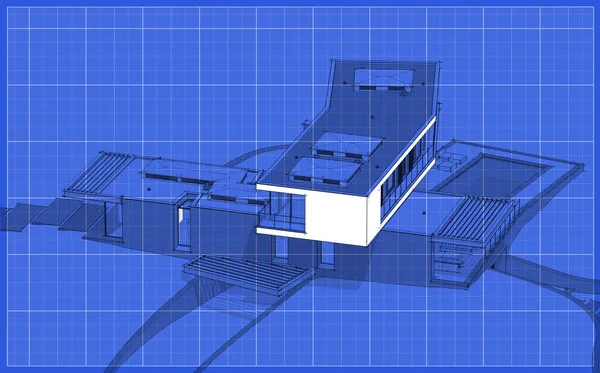 3d representación de la casa moderna en la colina con la línea de la piscina negro en —  Fotos de Stock