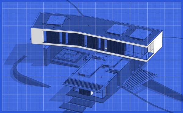 3D рендеринг современного дома на холме с бассейном черная линия на — стоковое фото