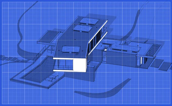 山体上现代房屋的3D渲染，山体上有黑线 — 图库照片