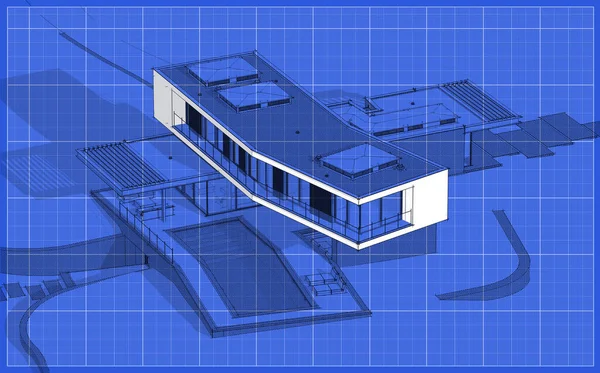 3D рендеринг современного дома на холме с бассейном черная линия на — стоковое фото