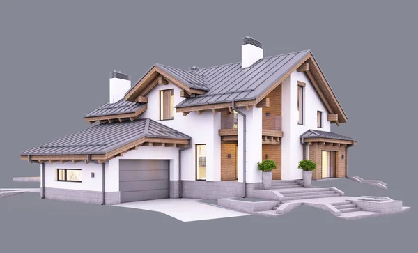 3D-Rendering von modernen gemütlichen Haus im Chalet Styler am Abend ist — Stockfoto