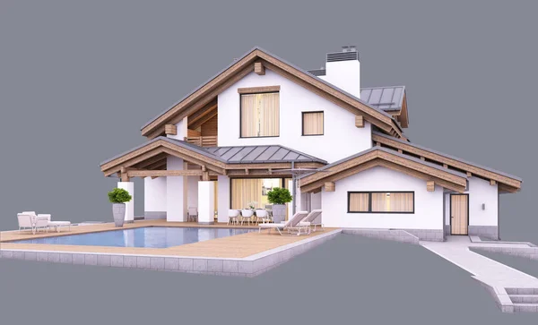 3D візуалізація сучасного затишного будинку в стилі шале ввечері — стокове фото