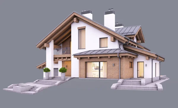 3D-Rendering von modernen gemütlichen Haus im Chalet Styler am Abend ist — Stockfoto