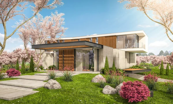 3d representación de la casa moderna en la colina en primavera — Foto de Stock