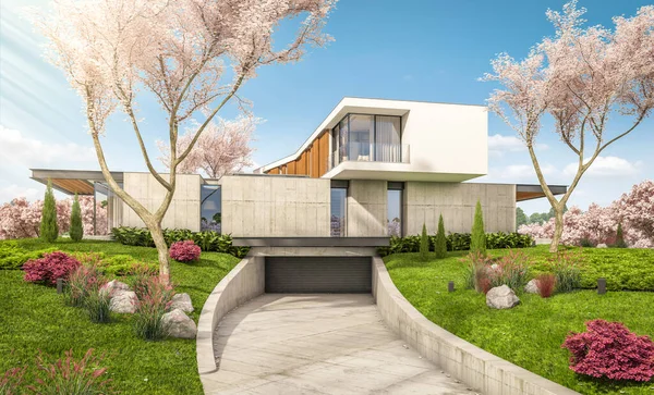 3d representación de la casa moderna en la colina en primavera — Foto de Stock